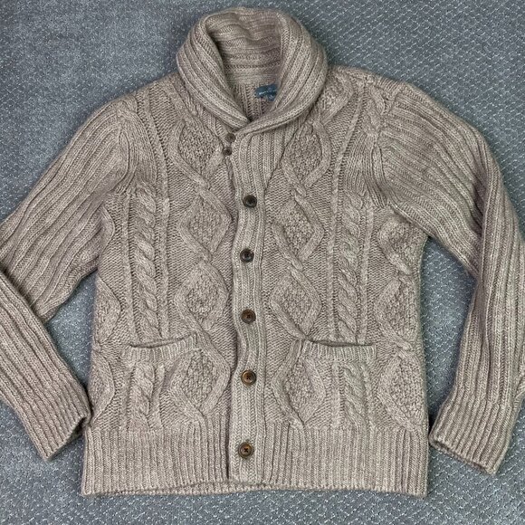 LL Bean Cardigan Sweater Mens Large Brown Heavy Wool Cable Knit Fisherman Chunky - Picture 1 of 12